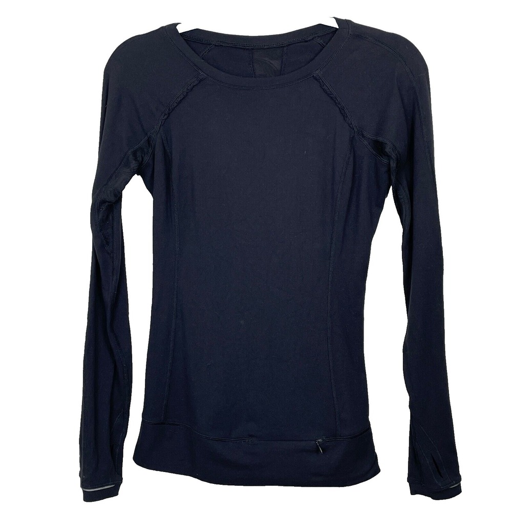 Lululemon Shirt Women Medium‎ Black Long Sleeve Lace Back Pocket Thumb Holes Top